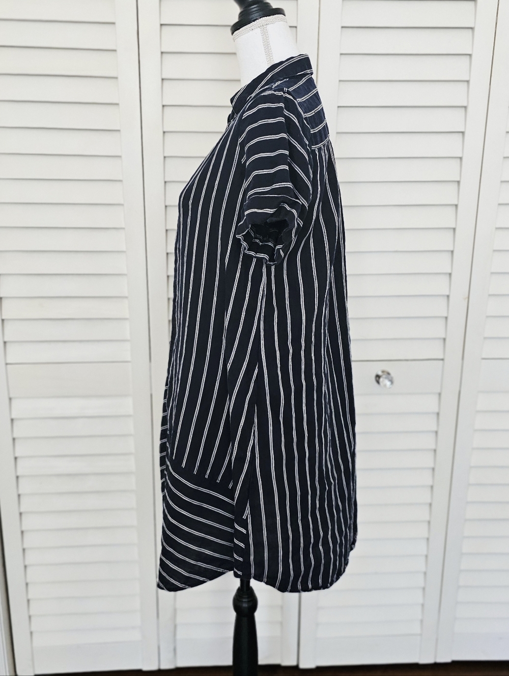 J Jill Love Linen Dress Size S Navy White Stripe Button Front V Neck Loose Fit - Picture 8 of 12